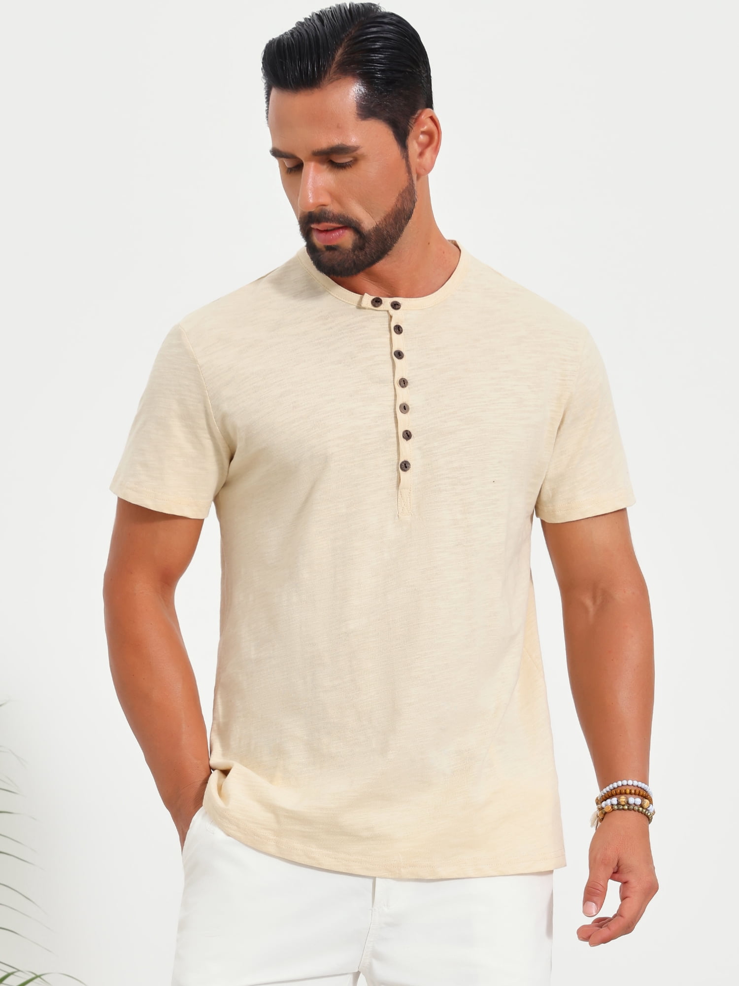 DARING DIVA Men's Retro Henley Texture Button Down Short Sleeve T-Shirt M Beige