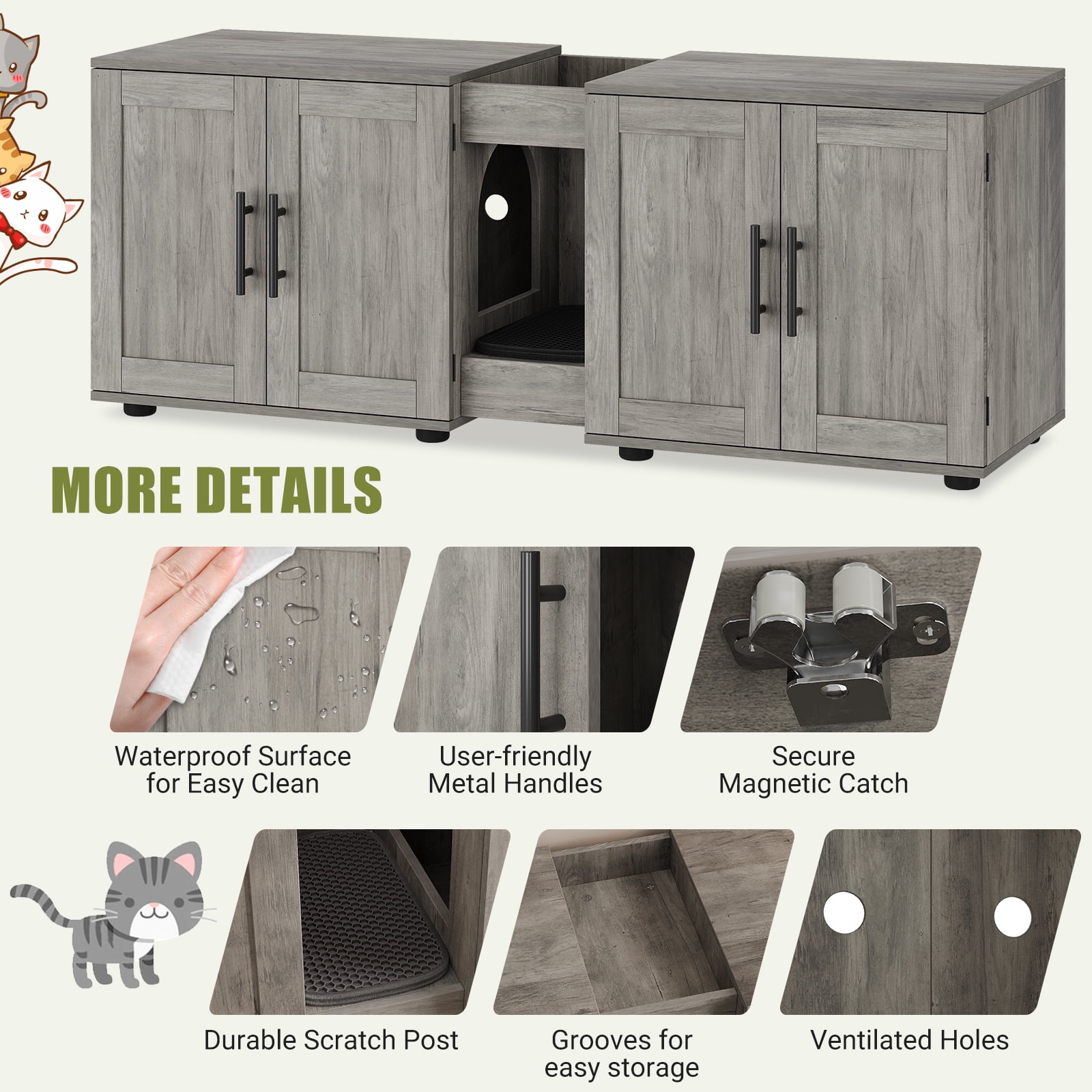 3-in-1Cat Litter Box Enclosure, 55 Inch Large Cat Box Enclosure with Double Rooms, Farmhouse Wooden Cat Washroom, Hidden Litter Box Furniture for Bedroom Living Room