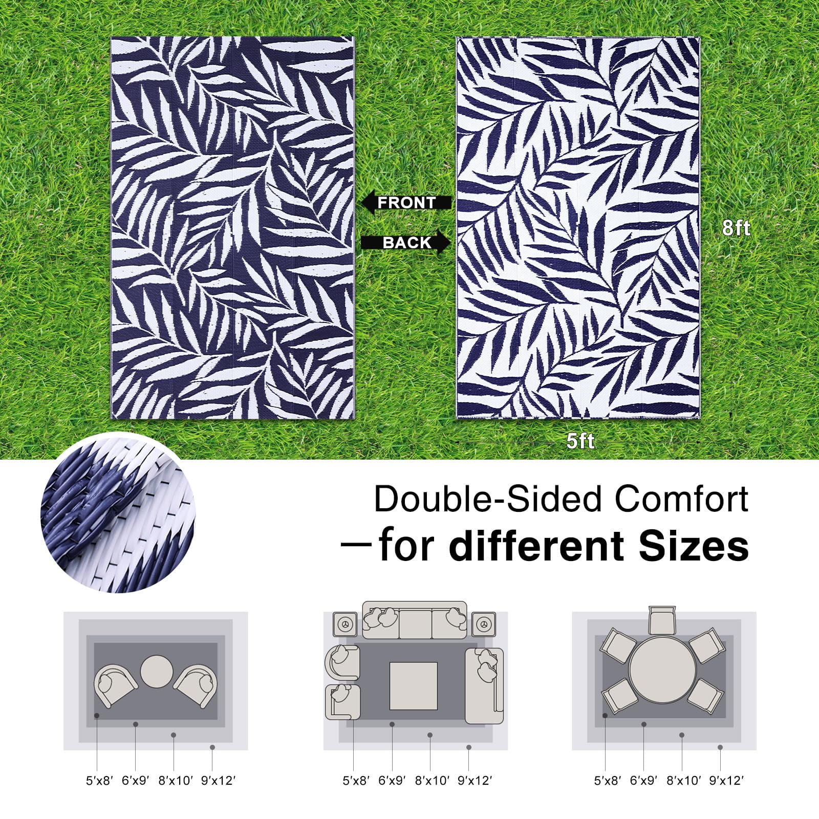 Smiry Outdoor Rugs 5x8, Waterproof Plastic Straw Indoor Outdoor Mat for Patio, RV Camping, Deck,Porch, Navy & White