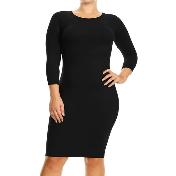 Women's Elegant Midi Bodycon Dress – Crew Neck, Plus Size, 3/4 Sleeve