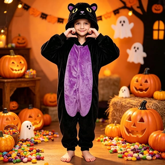 Ruyang Girls Hooded Jumpsuit Cat Button Down Warm Bodysuit Kids Halloween Outfit Fuzzy Winter Clothes Size 3-12 Years