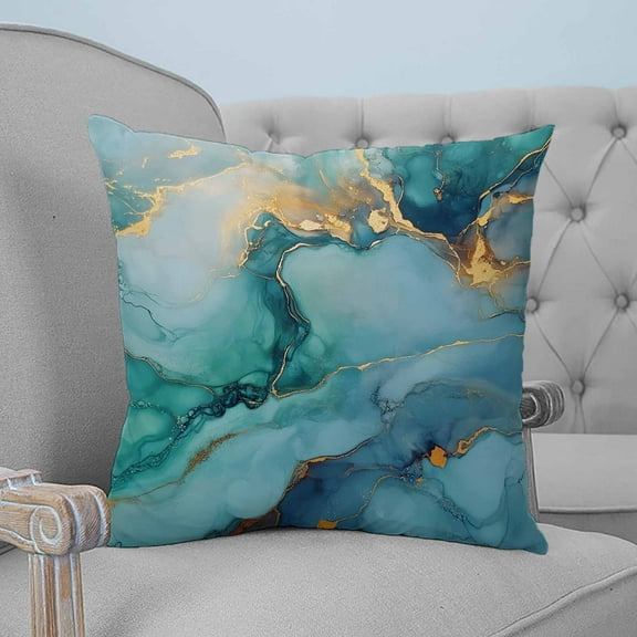 Teal Marble Decorative Pillowcase 24''x24'', Impressionist Ink Painted Abstract Throw Pillow Covers Soft Cushion Case for Couch Sofa Bedroom Living Room, Pillowcase Boho Decor