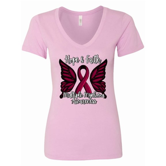 Inktastic Multiple Myeloma Cancer Awareness Hope & Faith with Butterfly Ribbon Women's V-Neck T-Shirt