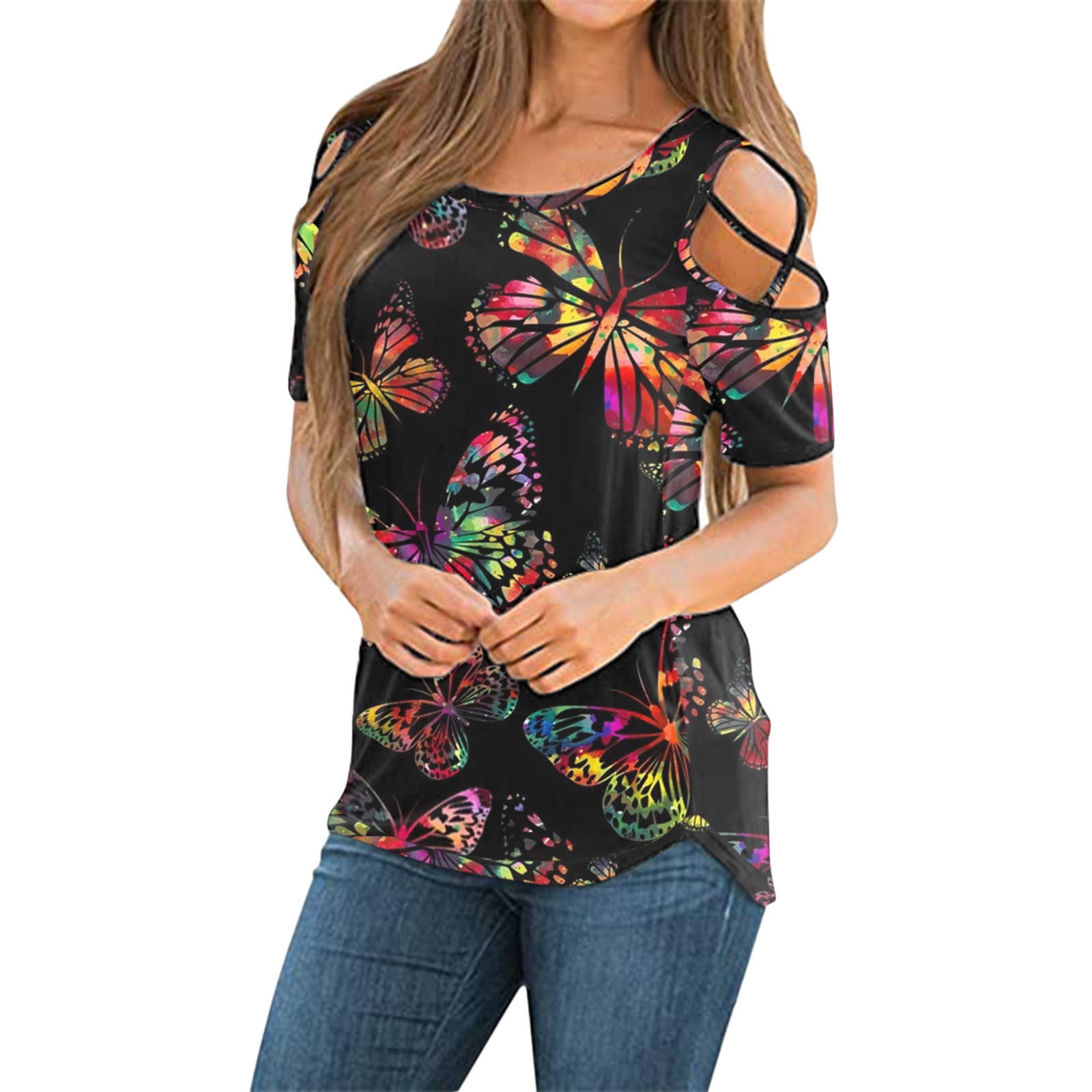 Women Ladies Flowers Cold Shoulder T-Shirt Round Neck Tank Casual Tops Blouse 