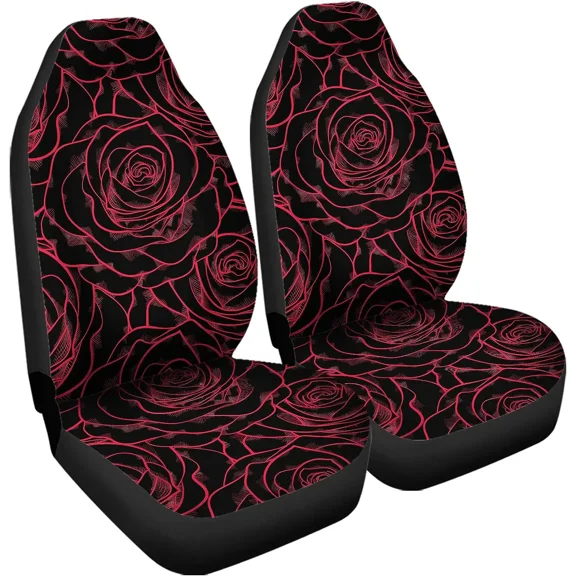 Print Red Rose Flowers Line Design Car Seat Covers Set for Womens Mens 2pcs Paisley Flower Style Auto Front Seat Protector 2 Piece