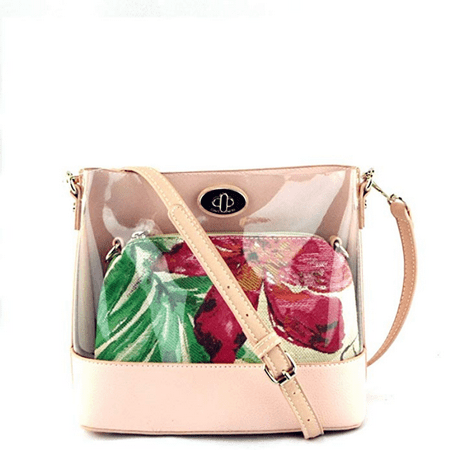 Designer Inspired 2 in 1 Floral Transparent TurnLock PVC Clear Crossbody Handbag