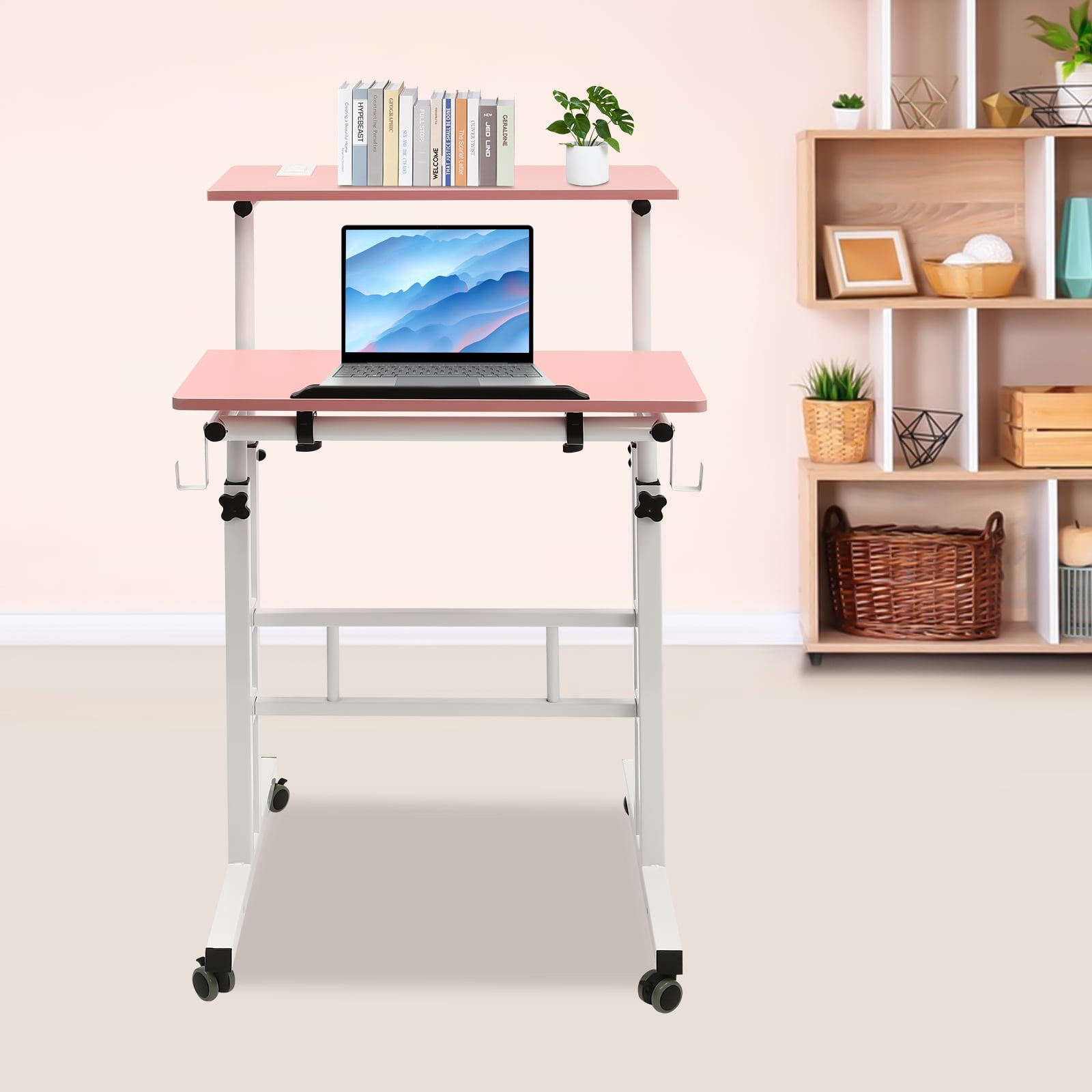 Miumaeov Mobile Stand Up Desk with Height Adjustable Standing Desk with Wheels Portable Rolling Laptop Cart for Home Office Standing or Sitting