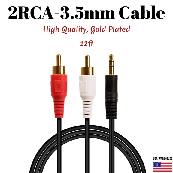 KLYNE- 12Ft Audio 3.5Mm Male Jack To 2Rca Male Cable 1/8" 2 Rca Stereo Aux Y Splitter
