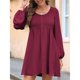 thumbnail image 5 of Vestido Corto Informal de Mujer con Cuello Redondo Fruncido, Botones, Larga y Cintura Entallada Rojo S, 5 of 9