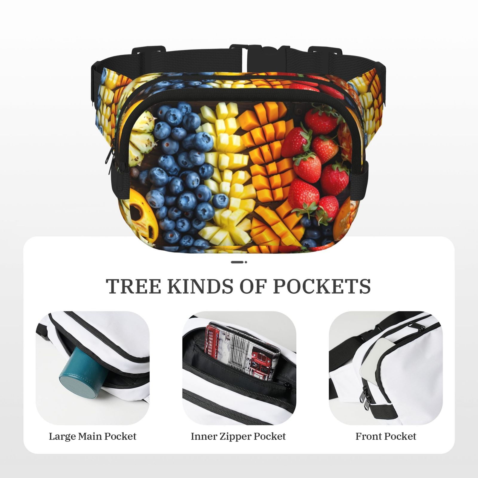 Picia Halloween Fruit Platter Print Square Double-Layer Waist Bag Mini Adjustable Waist Belt Bag Exercise Running Travel Hiking