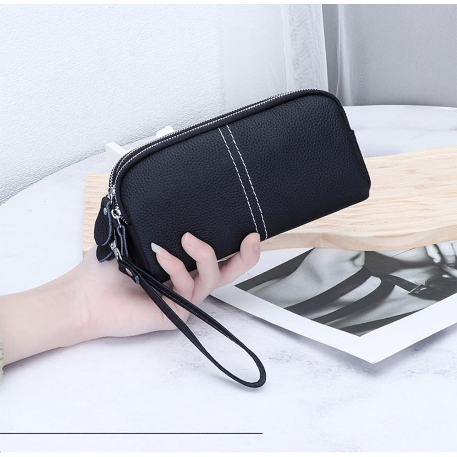 Genuine Leather Clutch Wallet Triple Zipper Purse for Women Wristlet Cell Phone Clutch Bag Purse
