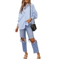 thumbnail image 6 of hirigin Women Fashion Wild Shirts Stripe Turn-Down Collar Ruched Cuff Long Sleeve Button-Down Blouses Autumn Loose Casual Tops, 6 of 9
