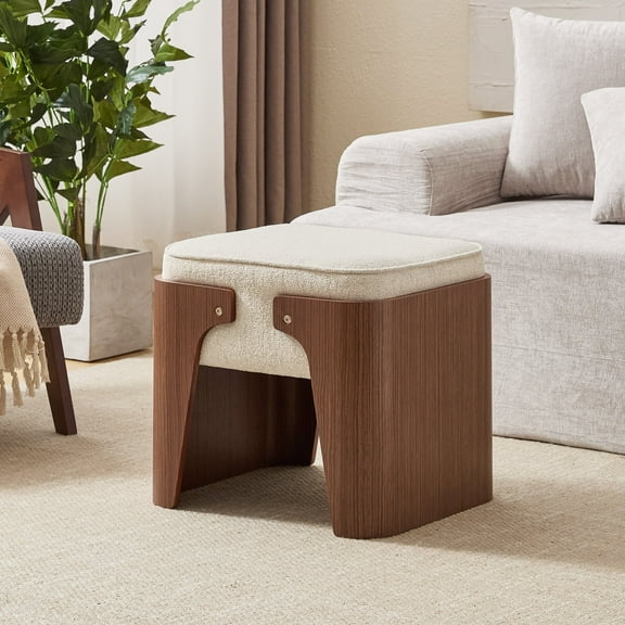 Zesthouse Upholstered Linen Ottoman, Modern Foot Stool Ottoman with Extra Thick Cushion and Walnut Finish Wood Frame, Vanity Stool for Bedroom Living Room Hallway, Beige