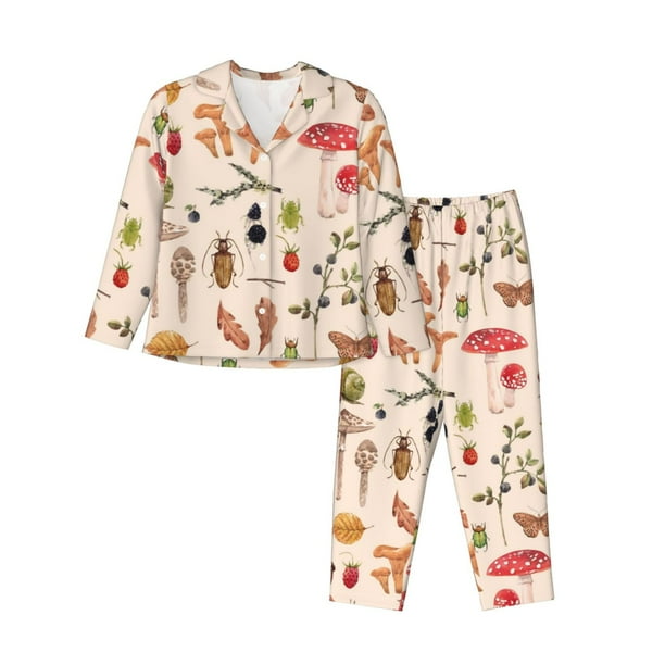 Balery Autumn Conjunto de Pijama con Estampado para Mujer, Conjunto de Dos Piezas con Manga Larga, Ropa de Dormir Suave con Bolsillos, Pijamas Cómodos-Medium
