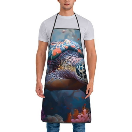 

Jgfou Underwater Lazy Turtle Print Anti-fouling Apron for Men Women Waterproof Oil-Proof Kitchen Apron with Adjustable Straps Pocket and No-Pill No-Fade Fabric