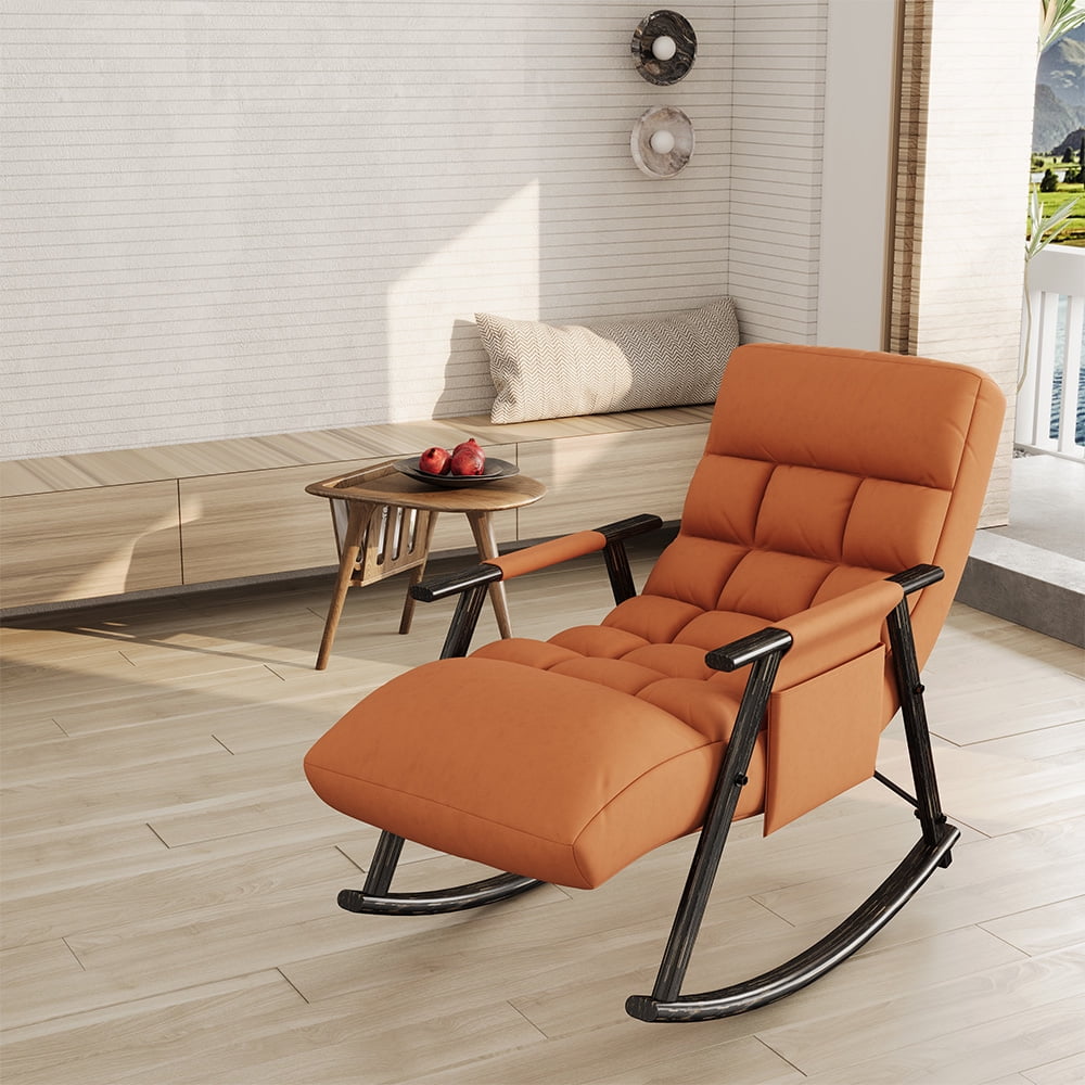 Accent Folding Rocking Recliner Chair with Side Pocket, Upholstered Nursery Glider Chair with 5 Adjustable High Back for Living Room Bedroom Balcony, Orange