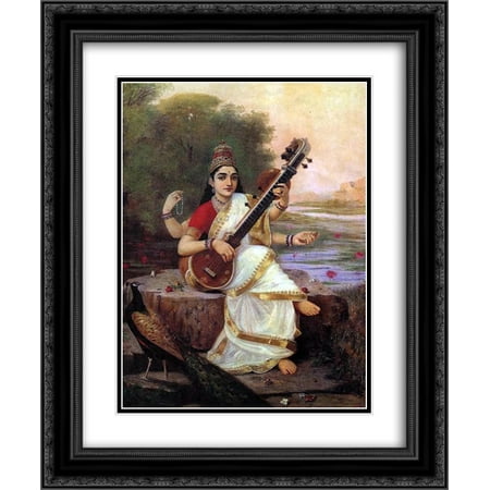 Raja Ravi Varma 2x Matted 20x24 Black Ornate Framed Art Print 'Painting of the Goddess Saraswati (Raja Ravi Varma Best Paintings)
