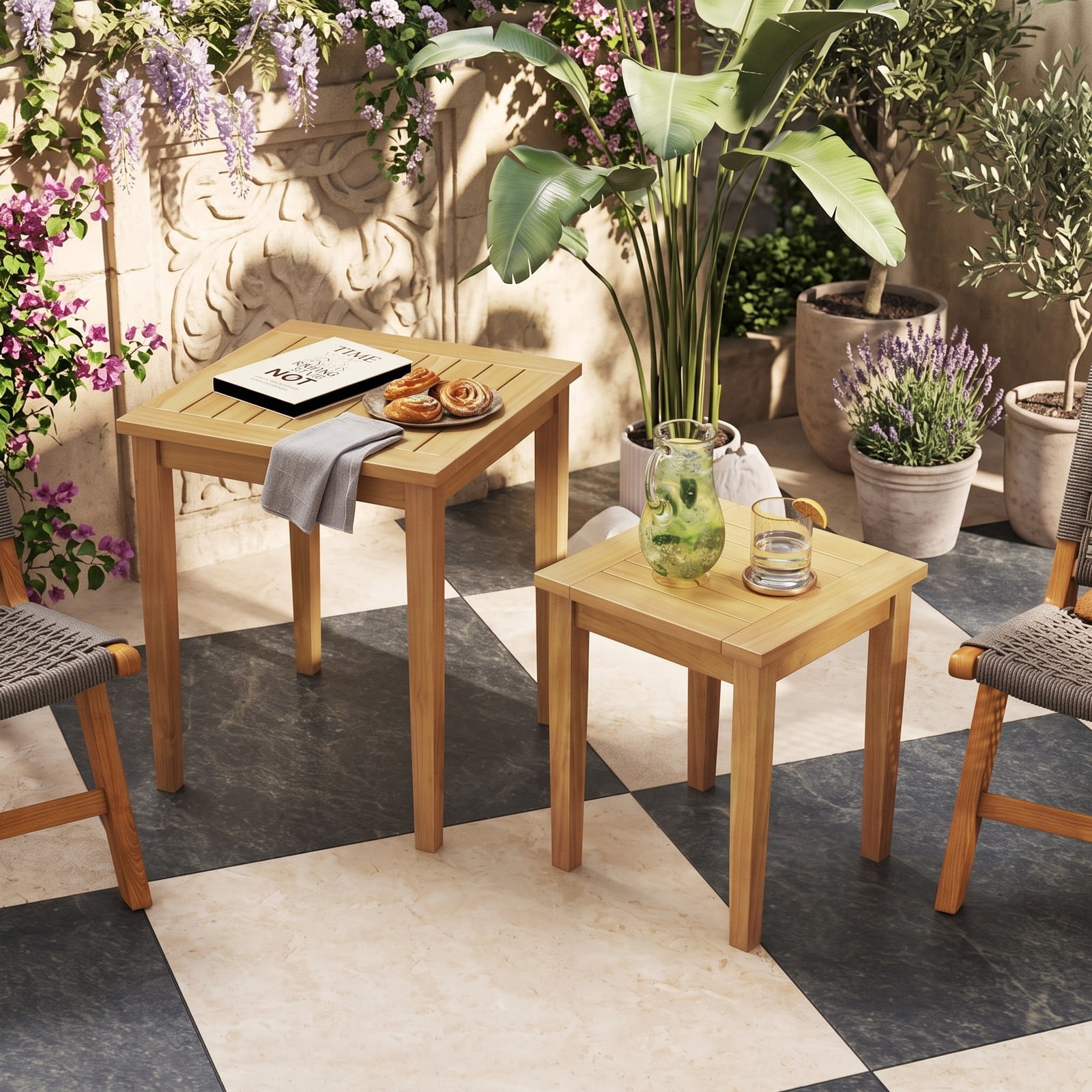 Furnibear Set of 2 Teak Wood Outdoor Patio Nesting Side Tables Space Saving End Tables for Backyard and Poolside, Natural