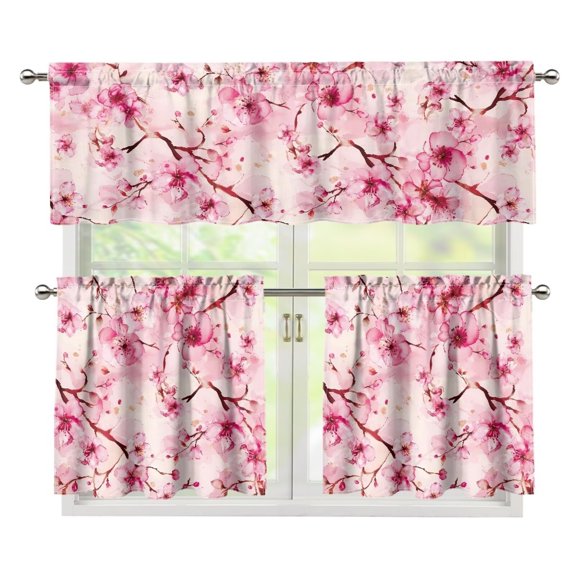 Aplkyhs Cherry Blossom Valance Window Curtains Set Small Window Swag and Tiers Privacy Street Window Curtains Thermal Insulated 3 Piece Easy to Install for Laundry Bathroom RV