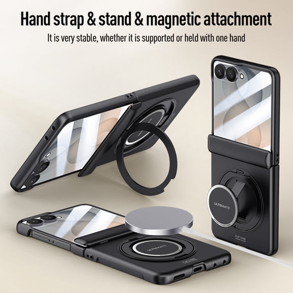 Lunvic Case for Samsung Galaxy Z Flip 8, 360 Degree Rotating Ring Kickstand, Built-in Screen Protector, Hinge Protection, Matte Hard PC Cover, Black