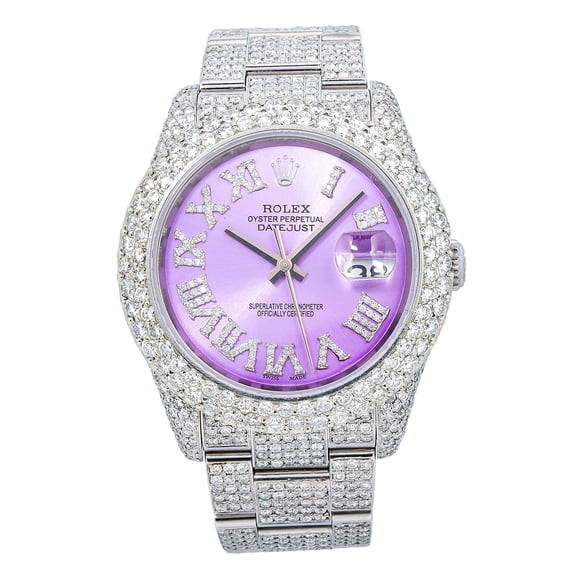 Pre-Owned Rolex Datejust 36MM 116200 Purple Roman Diamond Dial Diamond Bezel Stainless Steel Full Diamond Oyster Bracelet 11.25ct