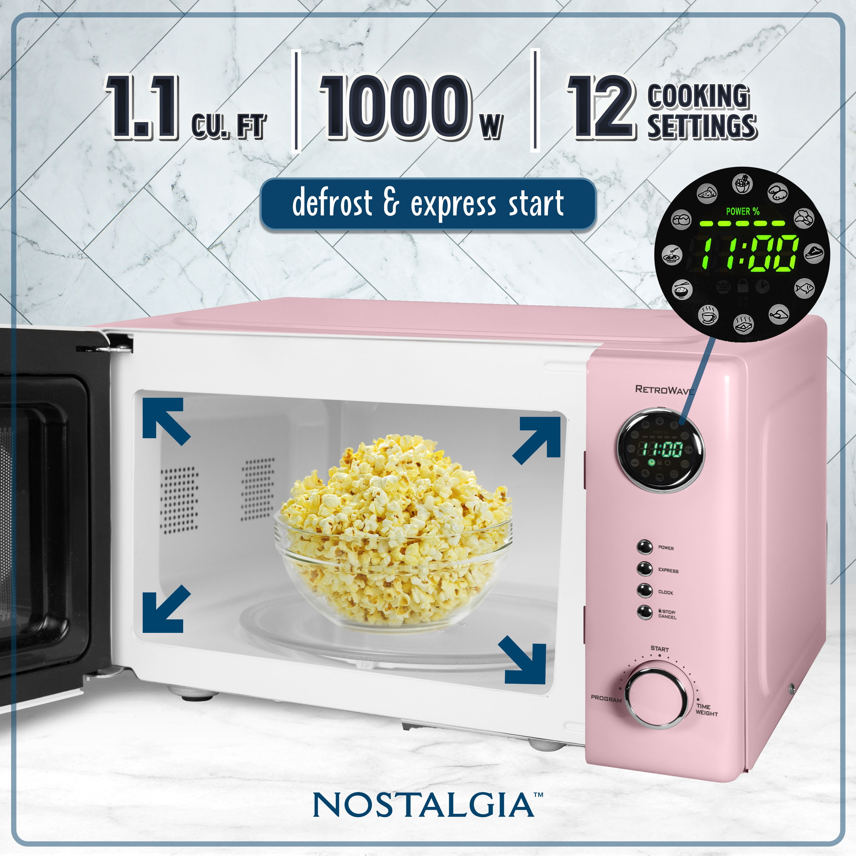 Nostalgia Retro Countertop Microwave Oven - Large 1000-Watt - 1.1 cu ft - 12 Pre-Programmed Cooking Settings - Digital Clock - Kitchen Appliances - Pink