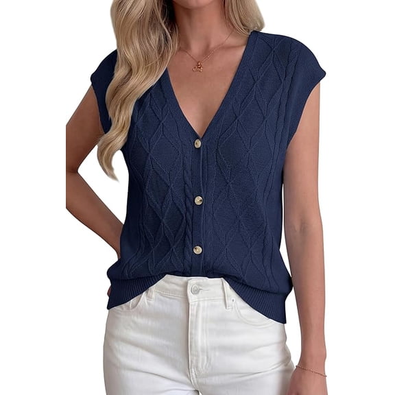 BTFBM Sweater Vest Women V Neck Cap Sleeve Button Down Knit Tops Spring Summer Loose Lightweight Cardigan Vests