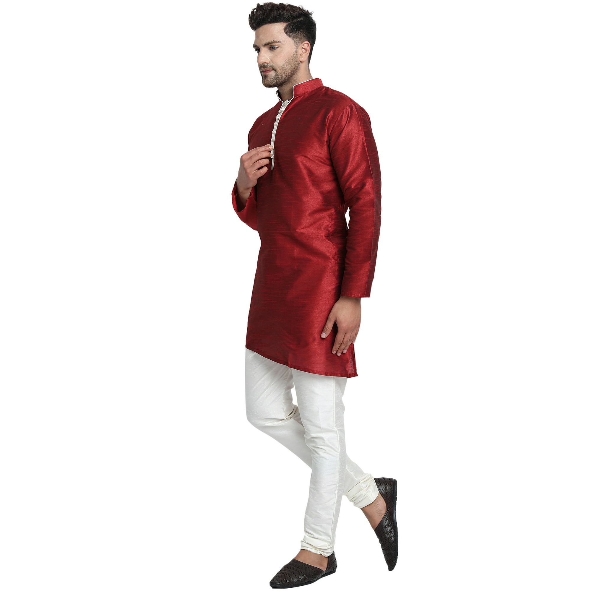 SKAVIJ Kurta Pajama Set for Men Art Silk Side Cut Indian Wedding Dress Red M