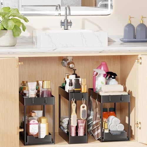 3 Pack Under Sink Organizer, Pull-Out Cabinet Organizer Drawer, 2 Tier Multi-Purpose Slide Out Storage Shelf for Kitchen Bathroom, Black