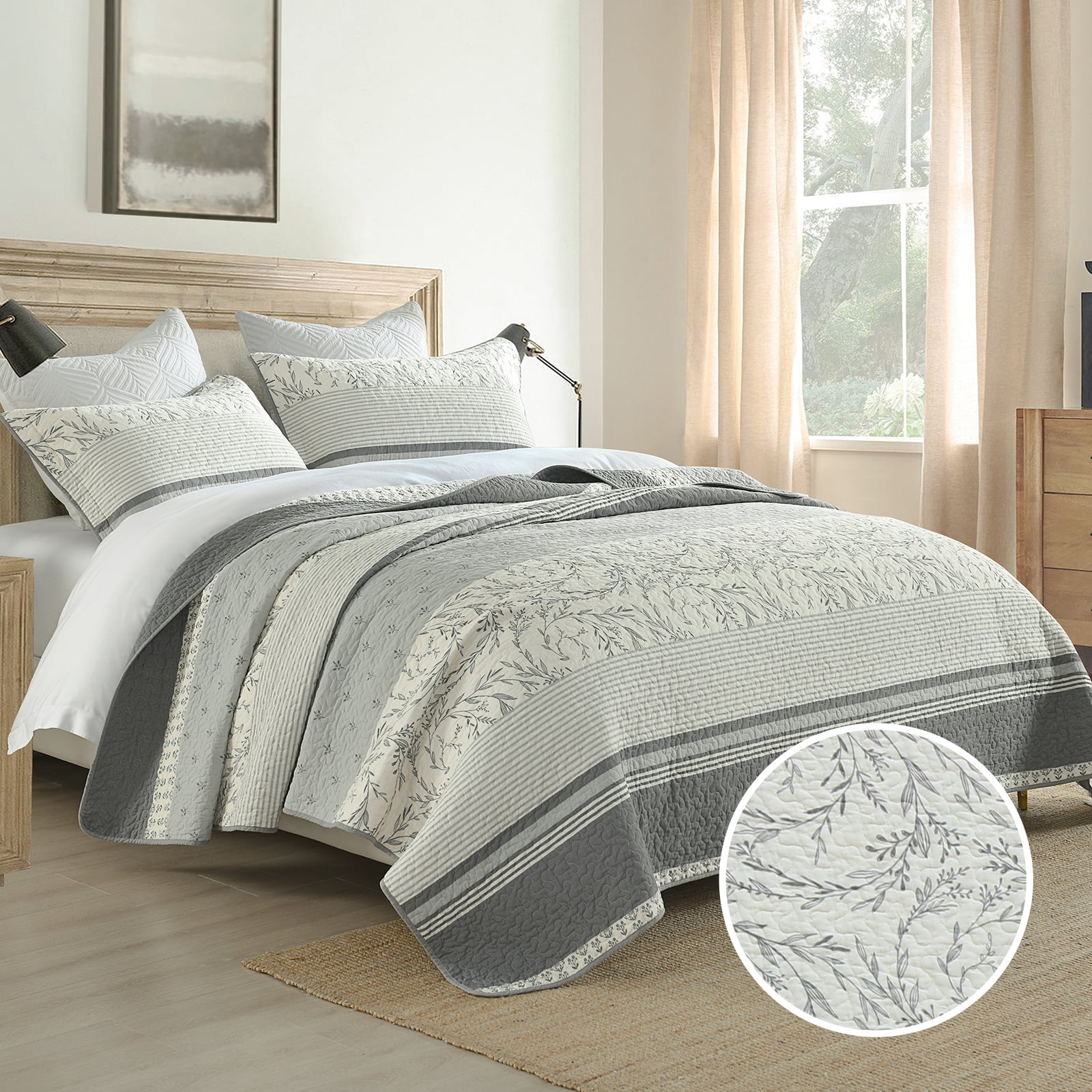Bedduvit Striped Gray King Size Quilts - 100% Cotton Vintage Botanical Floral King Quilted Bedspread, Lightweight Framhouse Summer Print 3-Piece Bedding Set, Retro Decor Coverlet for King Bed, 98x106
