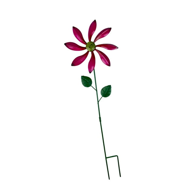 Viento de hierro con estaca, arte de jardín, impermeable, colorido, resistente a la intemperie, flor rosa roja
