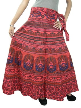 Mogul Women's Wrap Around Skirt Pink Block Printed Cotton Indian Wrap Dress