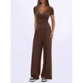 thumbnail image 3 of Women 2 Piece Lounge Fall Outfits Sets Neck Shirts and Wide Leg Pants Casual Matching Sets Coffee Color XS, 3 of 6