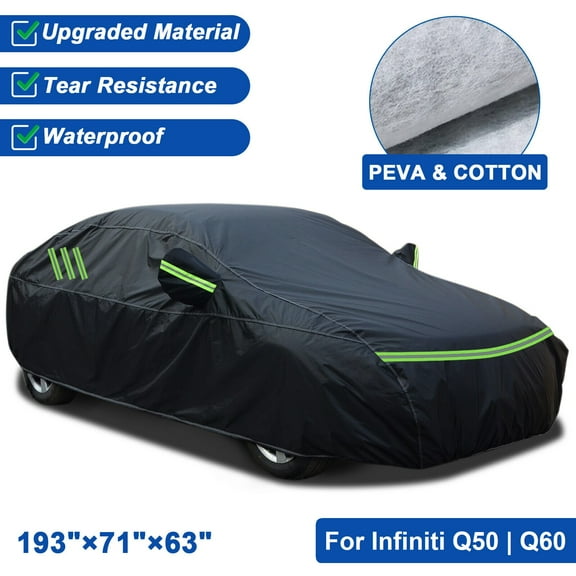 For Infiniti Q50 Q60 Sedan Car Cover, Upgraded PEVA Cotton Waterproof Full Automobiles Cover, Outdoor Indoor Rain Sun Dust Protection All Weather Black