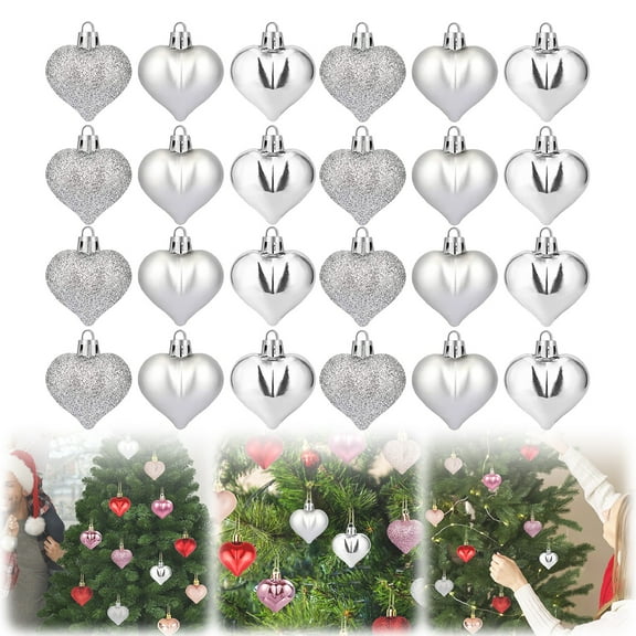 24Pcs Christmas Heart Ornaments, Valentine's Day Heart Shaped Ornaments, Multi Finish Hearts Plastic Baubles, Xmas Tree Hanging Decoration for Xmas Valentine Wedding Anniversary Party Decor
