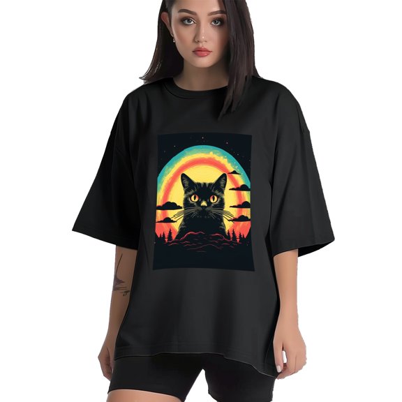 Plus Size Shirt for Women Black Tops for Women Short Sleeves Shirt for Women Retro Black Cat T Shirt Crewneck Shirt for Women XS