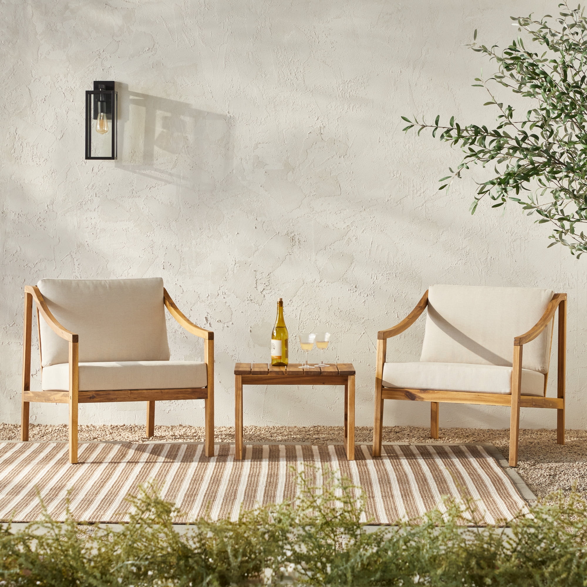 Walker Edison Modern 3-Piece Slatted Outdoor Chat Set, Natural