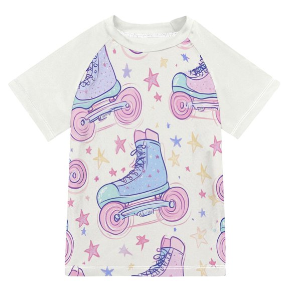FORMRS Boys Rash Guard Short Sleeves Swim Shirt Quick Dry UPF 50  Sun Protection, Sizes 3-12T, Pink Skates