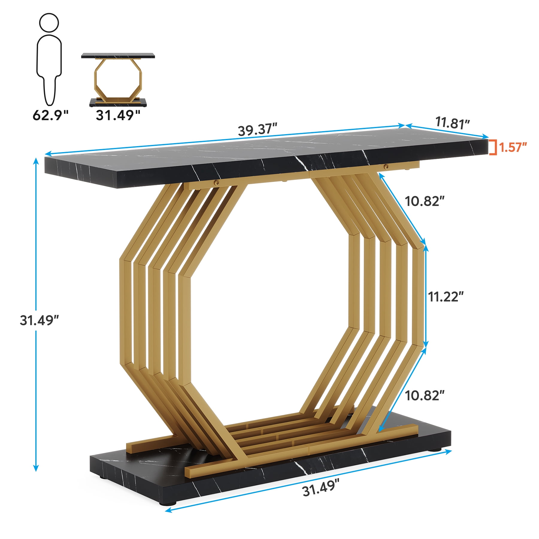 Fnova 40" Console Table, Faux Marble Entryway Table, Narrow Sofa Table with Geometric Metal Frame, Modern Accent Table for Living Room, Hallway, Foyer