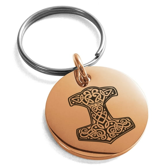 Stainless Steel Thor's Hammer Mjolnir Knot Viking Norse Engraved Small Medallion Circle Charm Keychain Keyring