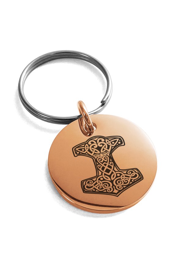 Stainless Steel Thor's Hammer Mjolnir Knot Viking Norse Engraved Small Medallion Circle Charm Keychain Keyring