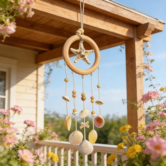 Linnome Handcrafted Seaside Door Wreath Natural Seashells on Wooden Ring for Porch Patio Beige 40cm