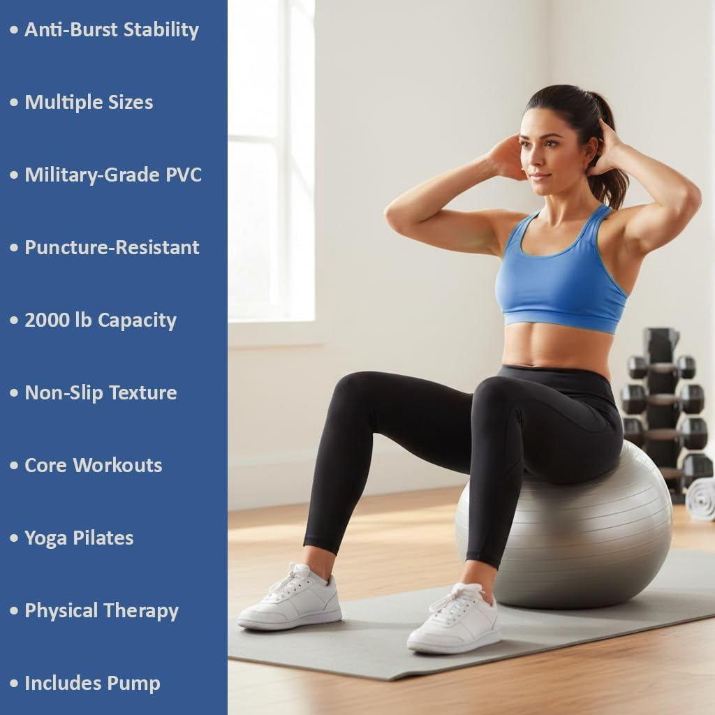 Anti Burst Fitness Ball for Exercise, Stability, Yoga, Balance, Core Strength & Flexibility Extra Thick, Non-Slip Gym Ball for Home & Office Workout, 75cm