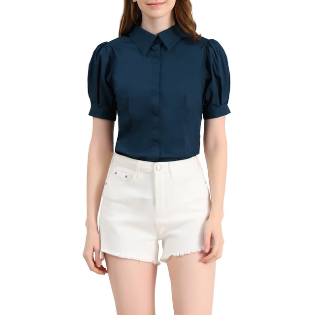 INSPIRE CHIC Women's Puff Sleeve Point Collar Button Down Essential Office Shirt S Navy Blue