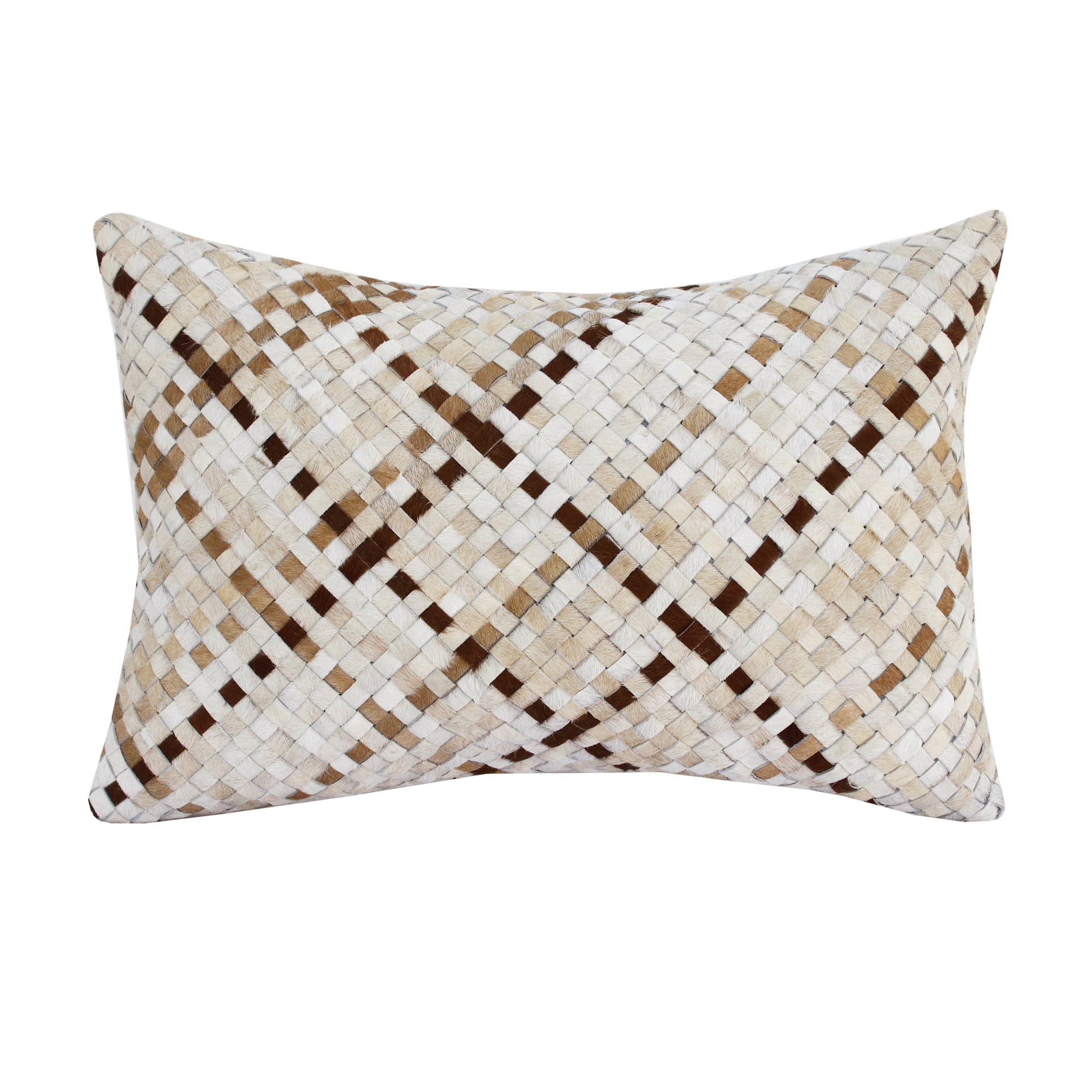 Ox Bay Esme Checkered Transitional Faux Leather Hand Woven Lumbar Pillow, Ivory/Brown, 16" x 24"