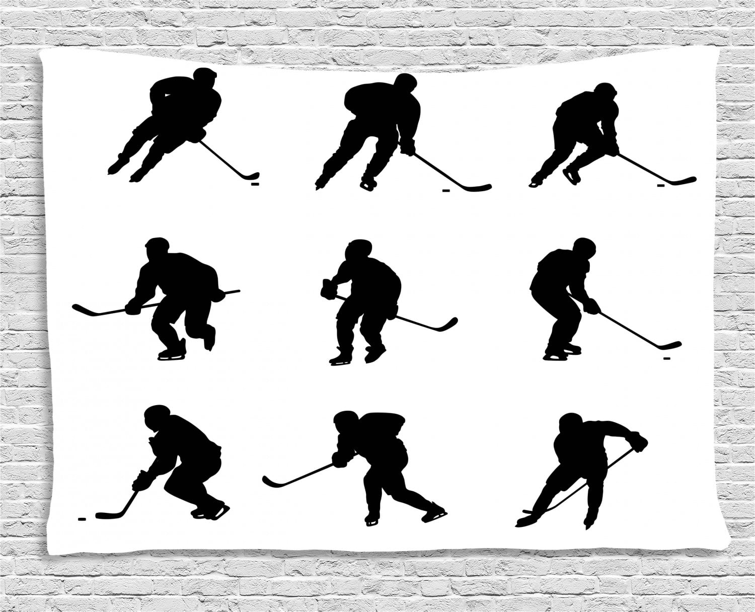 Hockey Tapestry, Collection of Player Silhouettes in Black and White