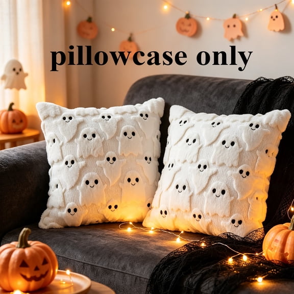 Halloween Pillow Covers,18"x18"Set of 2 White Ghost Throw Pillow Cases,Soft Couch Cushion for Sofa Bedroom Living Room Home Farmhouse Fall Halloween Decor