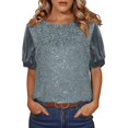 thumbnail image 3 of Laqbezok Women's Shiny Sequin Short Sleeve Top, Pullover Puff Sleeve Patchwork Blouse, Casual Sparkly Party Outfit, 3 of 6