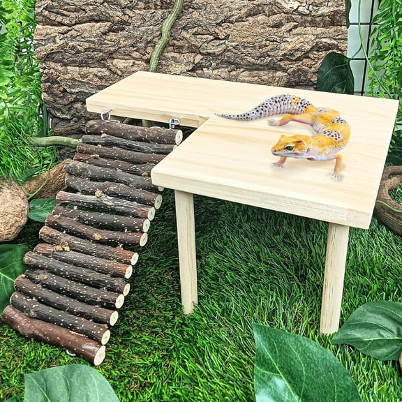 Wooden Basking Platform with Climbing Ramp Hideout Hide Cave Tank Accessories for Tortoise, Lizard, Toad, Gecko (L-Shaped)