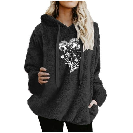 IROINNID Women Fall and Winter Solid Color Long Sleeve Warm Wool Pockets Drawstring Hooded Sweatshirt Cozy Fleece Pullover Casual Homewear Top Soft Outerwear(Black L)